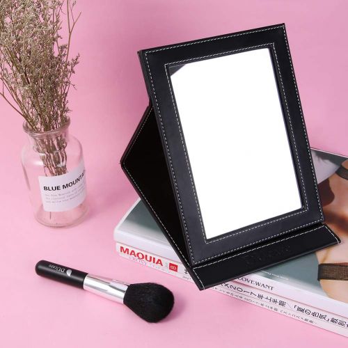  DUcare Makeup Desk Mirror Adjustable Portable Vanity Mirror Folding Lightweight Slim Cosmetic with PU Leather Stand For Travel Camping Cosmetics Beauty(Large&Black)