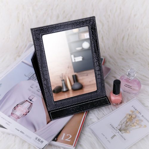  DUcare Makeup Desk Mirror Adjustable Portable Vanity Mirror Folding Lightweight Slim Cosmetic with PU Leather Stand For Travel Camping Cosmetics Beauty(Large&Black)