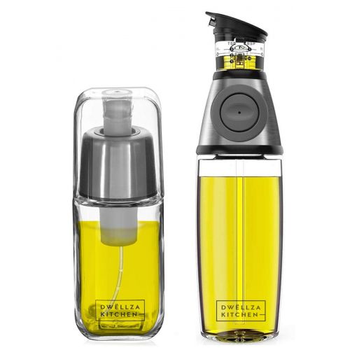  DWELLZA KITCHEN Olive Oil Dispenser and Oil Sprayer for Cooking Set  Premium Oil Mister Sprayer 6 OZ and Glass Oil Bottle 17 OZ with Measurements and Drip-Free Spout Stainless Ste