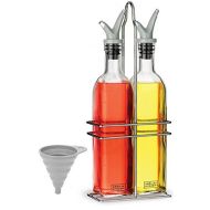 DWELLZA KITCHEN Olive Oil Dispenser and Vinegar Bottle Set - with a FREE Collapsible Funnel - Drip Free Double Spouts - 17 Oz. Glass Oil Bottle Container with Stainless Steel Rack