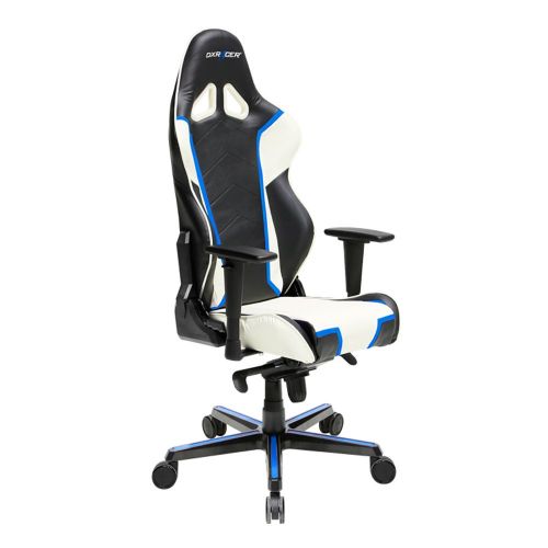  DXRacer Premium Racing Bucket Gaming Chair  Ergonomic & Comfortable  Desk & Executive PVC Chair with Padded Pillows  Color: Black/White/Blue Series: Racing DOH/RH110/NWB Newedg