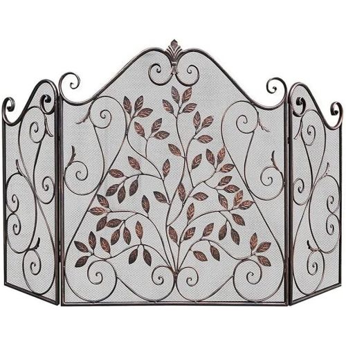  DYKJ Vertical Fireplace fire Screen, tri fold Fireplace Safety Spark Guard, Metal mesh Safety Fireplace Guard for Wood and Coal Burning, stoves, Grills, red Brass Metal with Ornate