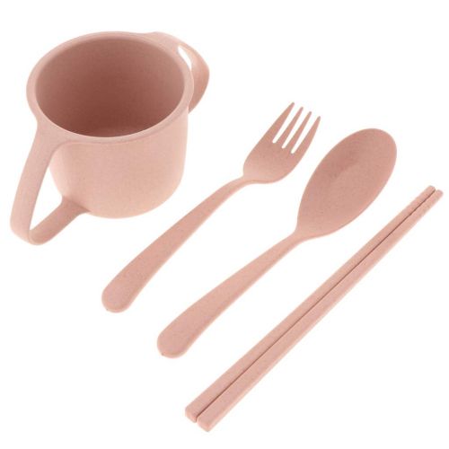  DYNWAVE Non-Slip Plates Unbreakable Toddler Plates Divided Wheat Straw Baby Plate for Kids with Plate Cup Fork Spoon - pink