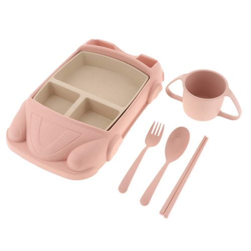  DYNWAVE Non-Slip Plates Unbreakable Toddler Plates Divided Wheat Straw Baby Plate for Kids with Plate Cup Fork Spoon - pink