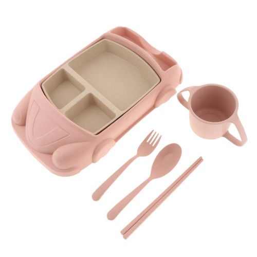  DYNWAVE Non-Slip Plates Unbreakable Toddler Plates Divided Wheat Straw Baby Plate for Kids with Plate Cup Fork Spoon - pink