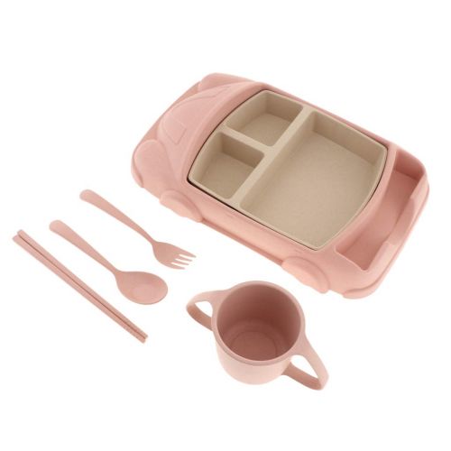  DYNWAVE Non-Slip Plates Unbreakable Toddler Plates Divided Wheat Straw Baby Plate for Kids with Plate Cup Fork Spoon - pink