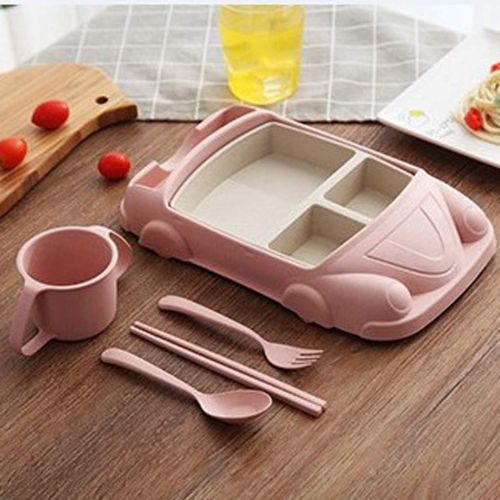  DYNWAVE Non-Slip Plates Unbreakable Toddler Plates Divided Wheat Straw Baby Plate for Kids with Plate Cup Fork Spoon - pink