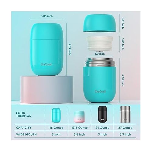  DaCool Thermos for Hot Food Insulated Food Jar 16 Ounce Vacuum Stainless Lunch Container Bento for Kids Adult with Spoon Leakproof for School Office Picnic Travel Outdoors,Cyan Blue