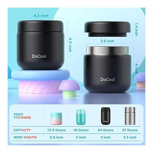  DaCool Lunch Thermos for Kids Vacuum Stainless Steel 13.5 Ounce Kids Food Thermos for Hot/Cold Food Insulated Food Jar Lunch Container Bento for School Office Picnic Travel Outdoors, BPA Free,Black