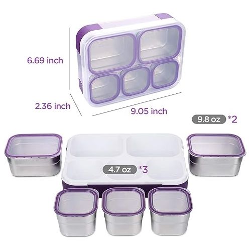  DaCool Stainless Steel Kids Bento Lunch Box Leak Proof BPA-Free School Lunch Container 5-Compartment with Lunch Bag and Fork for Toddler Child Adult, Food Snack Container for Picnic Outdoors,Purple