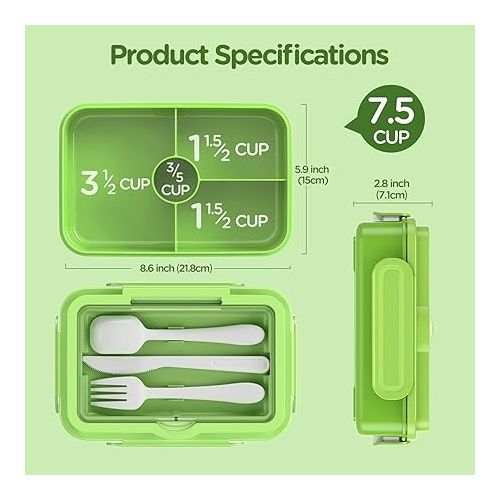  DaCool Kids Bento Box Toddler Lunch Box for Kids 7.5 Cup 4-Compartment Leakproof with Fork Spoon School Lunch Containers Kids for Meal Snack, Microwave Dishwasher Safe, BPA Free, Green