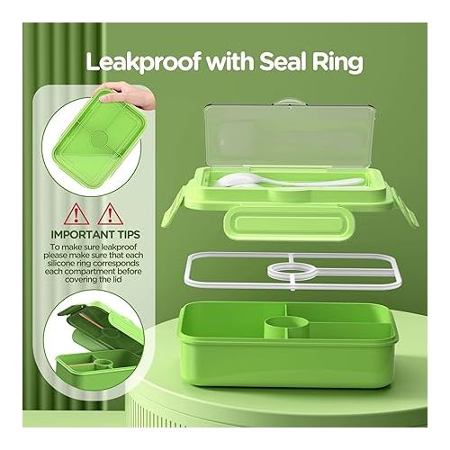  DaCool Kids Bento Box Toddler Lunch Box for Kids 7.5 Cup 4-Compartment Leakproof with Fork Spoon School Lunch Containers Kids for Meal Snack, Microwave Dishwasher Safe, BPA Free, Green