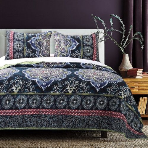  DaDa OSD 3pc Girls Navy Blue Medallion Quilt King Set, Green White Purple Pink, Gypsy Geometric Flower Scroll Motif Zigzag Chevron Stripe Themed Pattern, Boho Chic Bohemian Floral Beddi