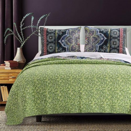  DaDa OSD 3pc Girls Navy Blue Medallion Quilt King Set, Green White Purple Pink, Gypsy Geometric Flower Scroll Motif Zigzag Chevron Stripe Themed Pattern, Boho Chic Bohemian Floral Beddi