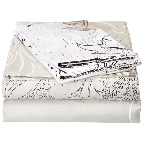  DaDa Bedding Fitted and Flat Sheets-Floral Leaves w/Pillow Cases Set-Cotton Neutral White Multi Grey-Full-4-Pieces, Full