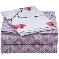 DaDa Bedding Flat Sheet Set - Purple Blossoming Floral Sakura Cherry Blossoms - Red White Pillow Cases - Twin - 2-Pieces