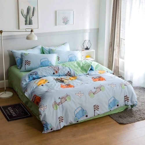  DaLin dalin Cars Airplane Print Boys Duvet Cover Set Queen Blue Green Premium Cotton Colorful Cars Bedding Sets Queen for Teens Kids Reversible Comforter Cover Soft Branches Bedding Coll