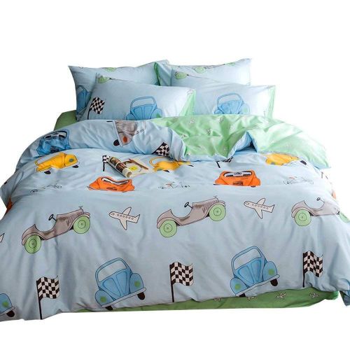  DaLin dalin Cars Airplane Print Boys Duvet Cover Set Queen Blue Green Premium Cotton Colorful Cars Bedding Sets Queen for Teens Kids Reversible Comforter Cover Soft Branches Bedding Coll