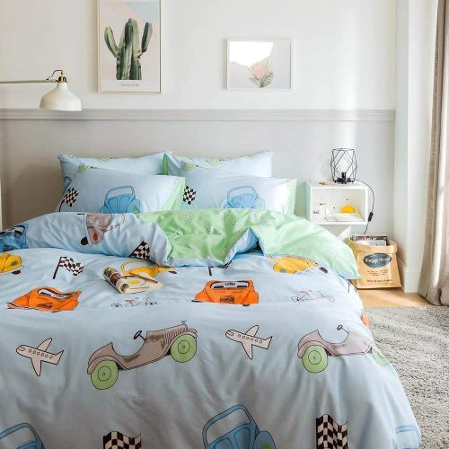  DaLin dalin Cars Airplane Print Boys Duvet Cover Set Queen Blue Green Premium Cotton Colorful Cars Bedding Sets Queen for Teens Kids Reversible Comforter Cover Soft Branches Bedding Coll