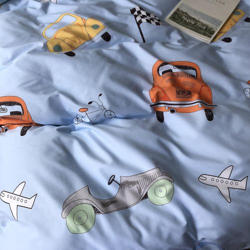  DaLin dalin Cars Airplane Print Boys Duvet Cover Set Queen Blue Green Premium Cotton Colorful Cars Bedding Sets Queen for Teens Kids Reversible Comforter Cover Soft Branches Bedding Coll
