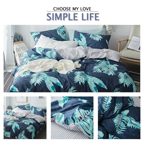  DaLove Tropical Printed Bedding Sets Twin Kids Cotton Stripe Comforter Cover Sets 3 Pcs Reversible Gray Blue Bedding Duvet Cover Sets, Lightweight Boys Girls Botanical Leaves Bed S