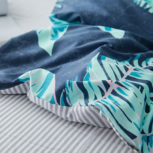  DaLove Tropical Printed Bedding Sets Twin Kids Cotton Stripe Comforter Cover Sets 3 Pcs Reversible Gray Blue Bedding Duvet Cover Sets, Lightweight Boys Girls Botanical Leaves Bed S