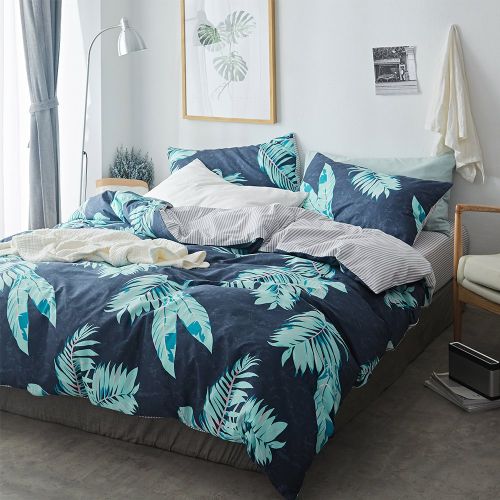  DaLove Tropical Printed Bedding Sets Twin Kids Cotton Stripe Comforter Cover Sets 3 Pcs Reversible Gray Blue Bedding Duvet Cover Sets, Lightweight Boys Girls Botanical Leaves Bed S