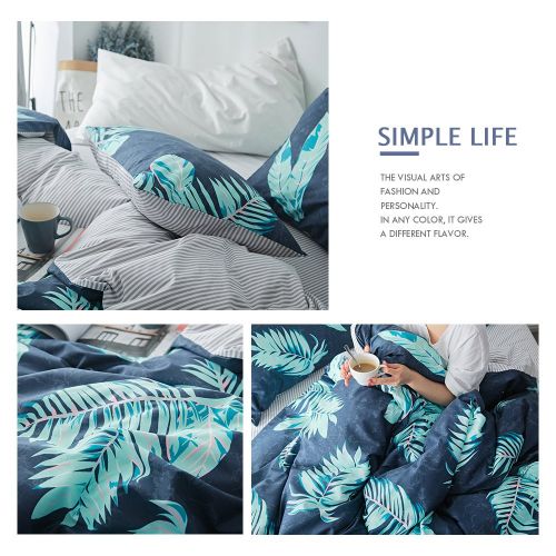  DaLove Tropical Printed Bedding Sets Twin Kids Cotton Stripe Comforter Cover Sets 3 Pcs Reversible Gray Blue Bedding Duvet Cover Sets, Lightweight Boys Girls Botanical Leaves Bed S