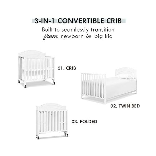  DaVinci Charlie Folding Portable 3-in-1 Convertible Mini Crib and Twin Bed in White, Removable Wheels, Greenguard Gold Certified