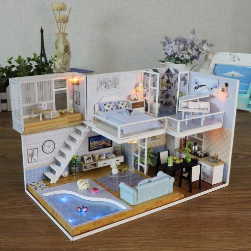  Dacawin [3D Wooden House] - DIY Wooden Miniature Dollhouse Kit with LED Light - Puzzle Decorate Creative Model Building Sets - Birthday Christmas Gifts for Adults Teens Friends (Colorful,