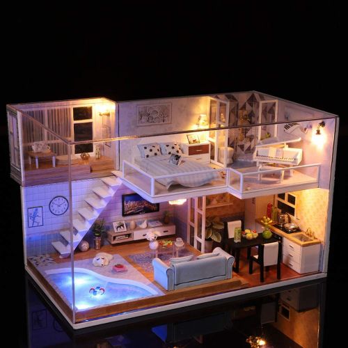  Dacawin [3D Wooden House] - DIY Wooden Miniature Dollhouse Kit with LED Light - Puzzle Decorate Creative Model Building Sets - Birthday Christmas Gifts for Adults Teens Friends (Colorful,