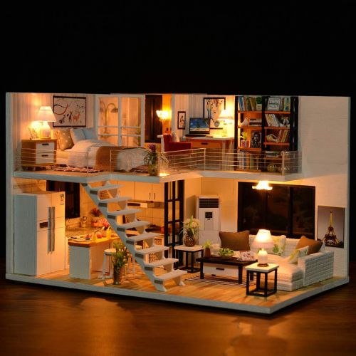  Dacawin-Wooden House Miniature Dollhouse- DIY 3D Wooden Miniature House Kit with LED Light - Creative Assembled Villa Model - Birthday Christmas Gifts for Adults Teens Friends (Colorful, B)