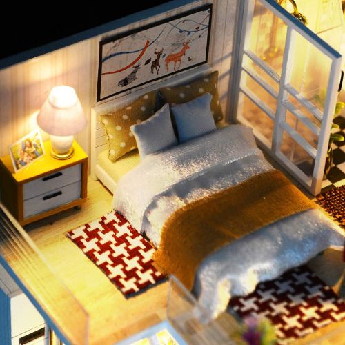  Dacawin-Wooden House Miniature Dollhouse- DIY 3D Wooden Miniature House Kit with LED Light - Creative Assembled Villa Model - Birthday Christmas Gifts for Adults Teens Friends (Colorful, B)