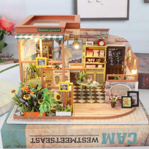  Dacawin-Wooden House DIY Miniature House Kit - 3D Wooden Miniature Dollhouse Kits with LED Light - High-end Creative Romantic Password Hand-Assembled Villa Model (Colorful, with dust Cover)