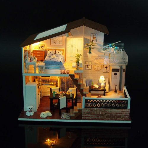  Dacawin-Wooden House 3D Wooden House - DIY Wooden Miniature Dollhouse Kit with LED Light - Creative Assembled Villa Model - Birthday Christmas Gifts for Adults Teens Friends (Colorful, B)