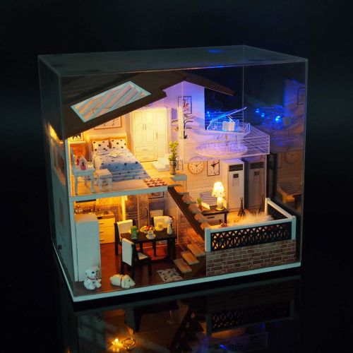  Dacawin-Wooden House 3D Wooden House - DIY Wooden Miniature Dollhouse Kit with LED Light - Creative Assembled Villa Model - Birthday Christmas Gifts for Adults Teens Friends (Colorful, B)