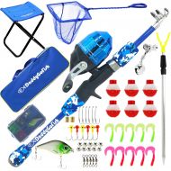 DaddyGoFish Kids Fishing Pole ? Telescopic Rod & Reel Combo with Collapsible Chair, Rod Holder, Tackle Box, Bait Net and Carry Bag for Boys and Girls (Blue, 4ft)
