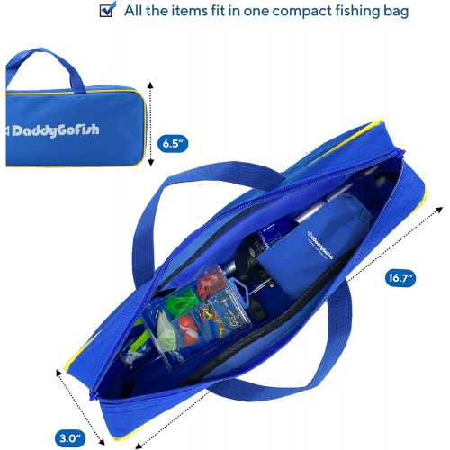  DaddyGoFish Kids Fishing Pole ? Telescopic Rod & Reel Combo with Collapsible Chair, Rod Holder, Tackle Box, Bait Net and Carry Bag for Boys and Girls (Blue, 4ft)