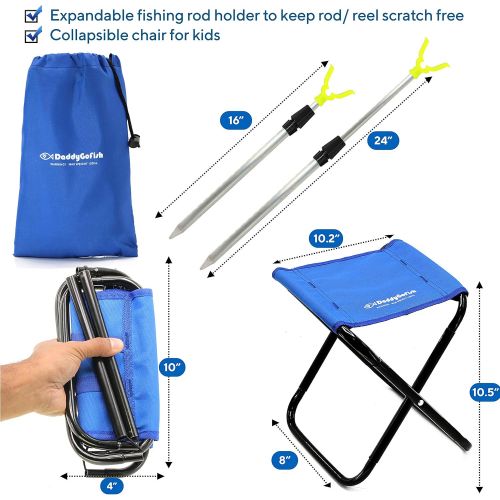  DaddyGoFish Kids Fishing Pole ? Telescopic Rod & Reel Combo with Collapsible Chair, Rod Holder, Tackle Box, Bait Net and Carry Bag for Boys and Girls (Blue, 4ft)