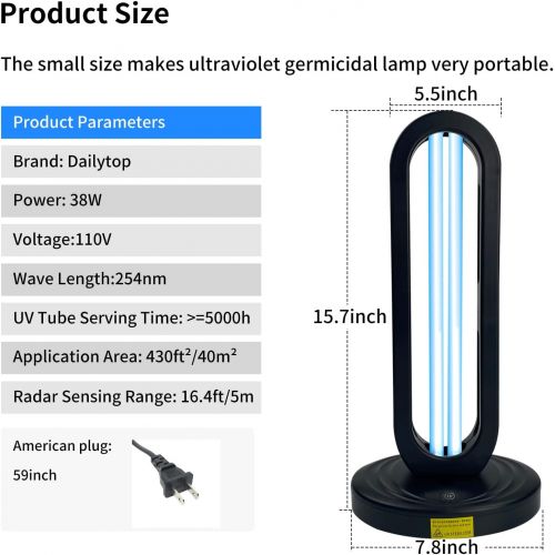  Dailytop UV Light Sanitizer, Air Freshener UV Lamp with Remote Control and Radar Monitor Sensor: Sterilize and Disinfect Every Room of Your Home for 15/30/60 Minutes 99.99% Sterili