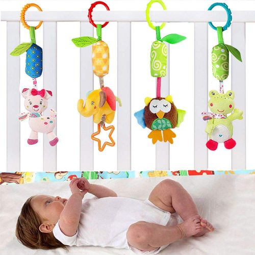  Daisys dream Daisy Baby Hanging Rattle Toy for 0 3 6 to 12 Months - 4 Pack - Soft Plush Hanging Crinkle Squeaky Sensory Educational Toy - Animal Wind Chime with Teethers