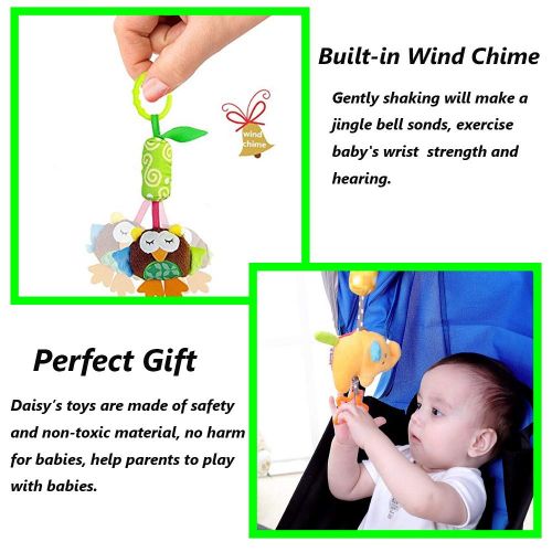  Daisys dream Daisy Baby Hanging Rattle Toy for 0 3 6 to 12 Months - 4 Pack - Soft Plush Hanging Crinkle Squeaky Sensory Educational Toy - Animal Wind Chime with Teethers