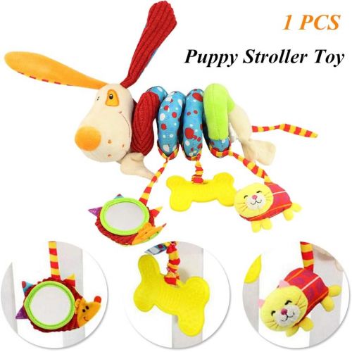  daisys dream Plush Puppy Cartoon Stroller Hanging Rattle Toy Spiral Wrap Around Crib Bed Mobile Developmental Toy with Safety Mirror