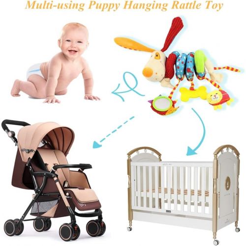  daisys dream Plush Puppy Cartoon Stroller Hanging Rattle Toy Spiral Wrap Around Crib Bed Mobile Developmental Toy with Safety Mirror