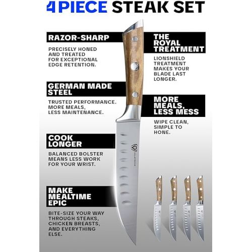  Dalstrong Steak Knives Set - 4 Piece - Gladiator Series - 5 inch - Forged High Carbon German Steel - Olive Wood Handle - Straight Edge - Razor Sharp Kitchen Knife Set - Dinner Set - Sheaths Included