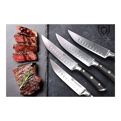  Dalstrong Steak Knife Set - 4-Piece - 5 inch Straight - Gladiator Series Elite - Forged German High-Carbon Steel - Black G10 Handle - Sheaths - Dinner Set Kitchen Knives - NSF Certified