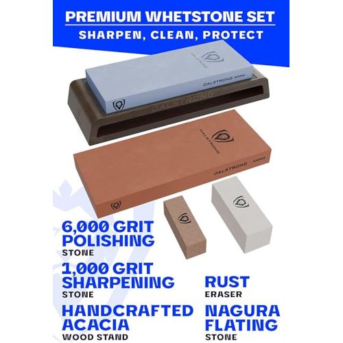 DALSTRONG Premium Whetstone Kit - #1000/#6000 Knife Sharpening Kit - Extra Large Grit Stones - Top-Grade Corundum - Thick Knife Sharpening Stone - Hand Crafted Acacia Wood - Whetstone Knife Sharpener