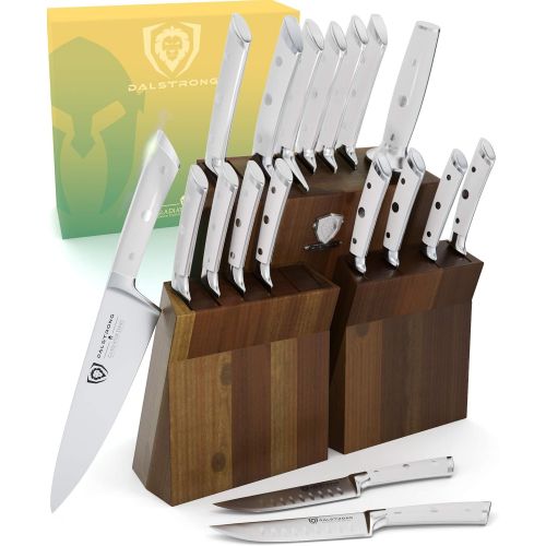  DALSTRONG Knife Set Block - 18-Pc Colossal Knife Set - Gladiator Series - German HC Steel - Acacia Wood Stand - White ABS Handles - NSF Certified