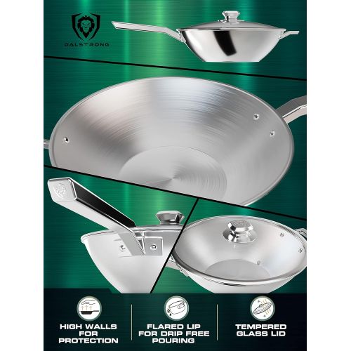  DALSTRONG Stir-Fry Wok - 12 inch - The Oberon Series - 3-Ply Aluminum Core Cooking Pan - Premium Silver Kitchen Cookware - 4.5 QT - Omelet, Beef, Egg Pan - w/Lid & Pot Protector