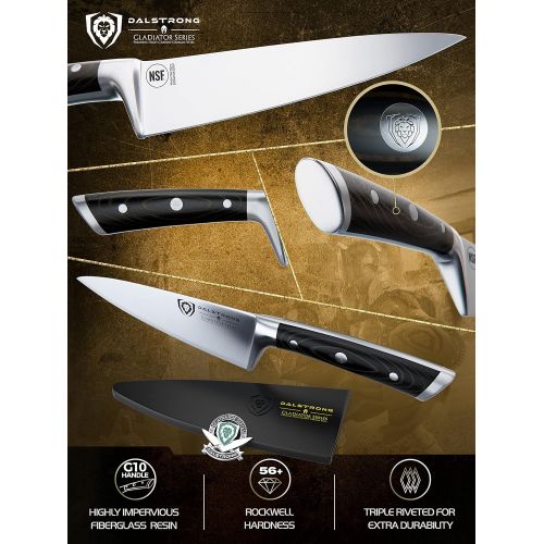  DALSTRONG Chef Knife - 6 inch - Gladiator Series - Forged High Carbon German Steel - Razor Sharp Kitchen Knife - Full Tang - Black G10 Handle - Sheath Included - NSF Certified